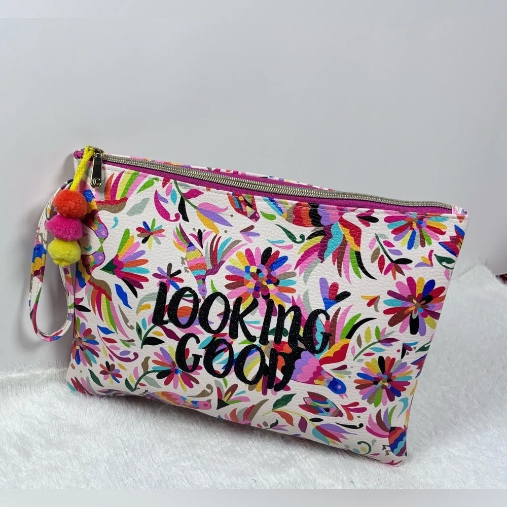 Vibrant Pink and Red Floral Cosmetic Bag with Playful Pom-Pom 🪷